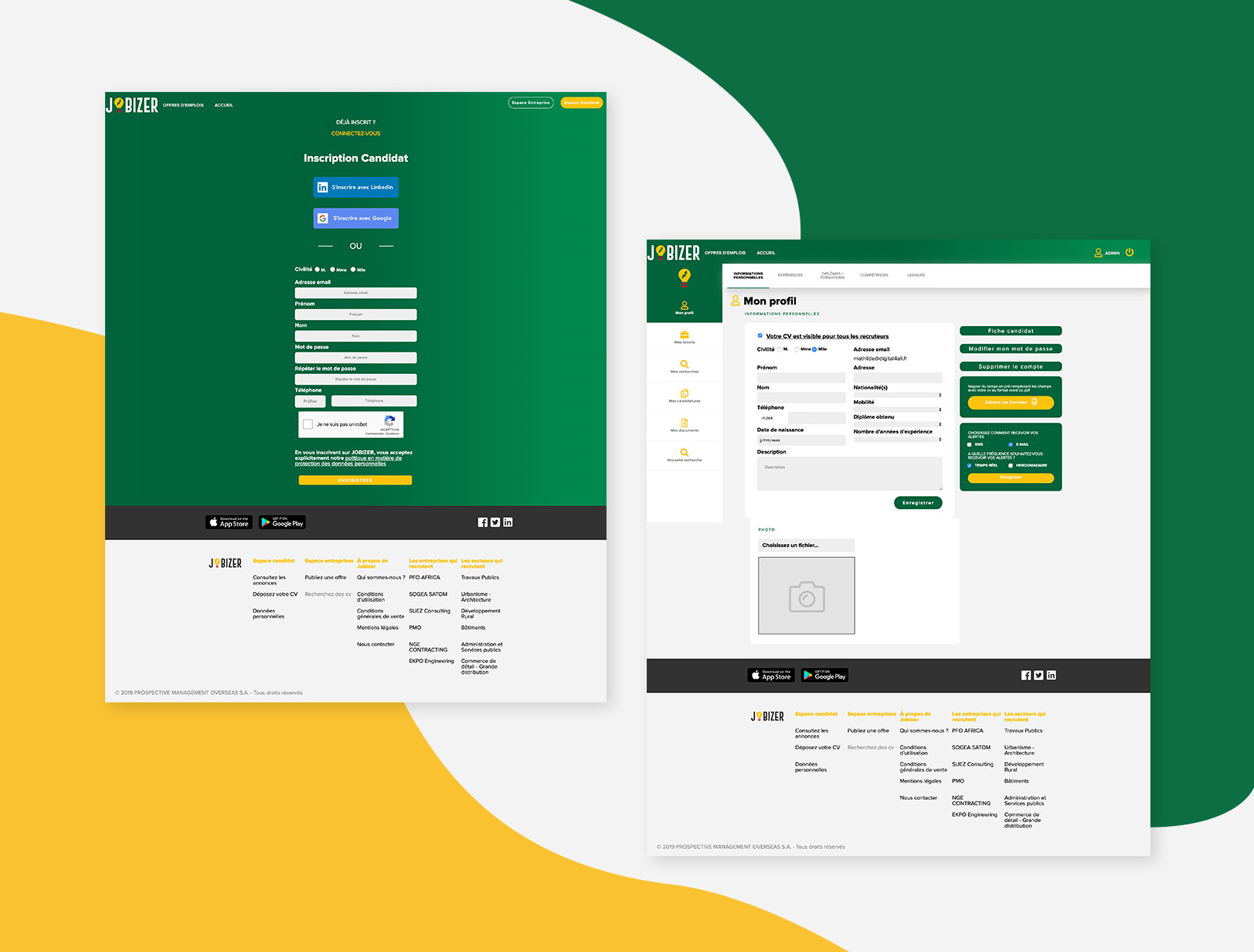 Présentation des pages "Inscription Candidat" et "Mon profil" du site internet de Jobizer