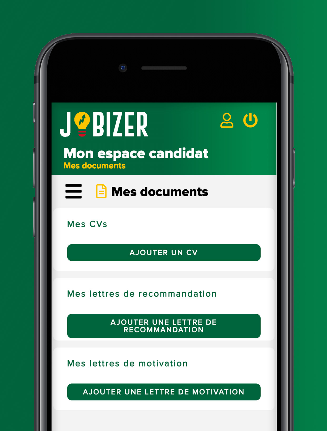 Présentation de l'espace candidat de l'application mobile Jobizer