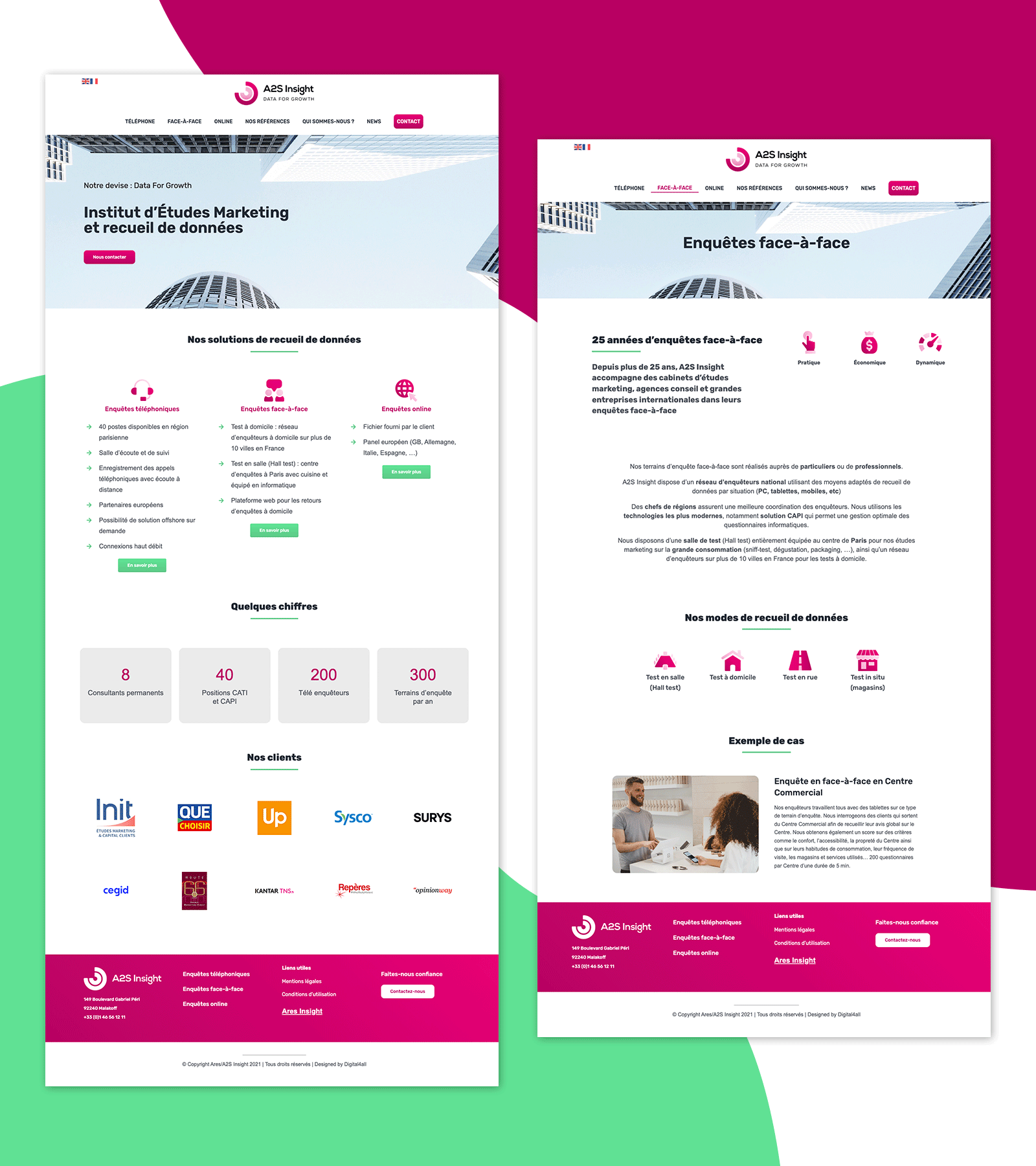 Présentation de la page d'accueil et de la page "Enquêtes face-à-face" du site A2S Insight