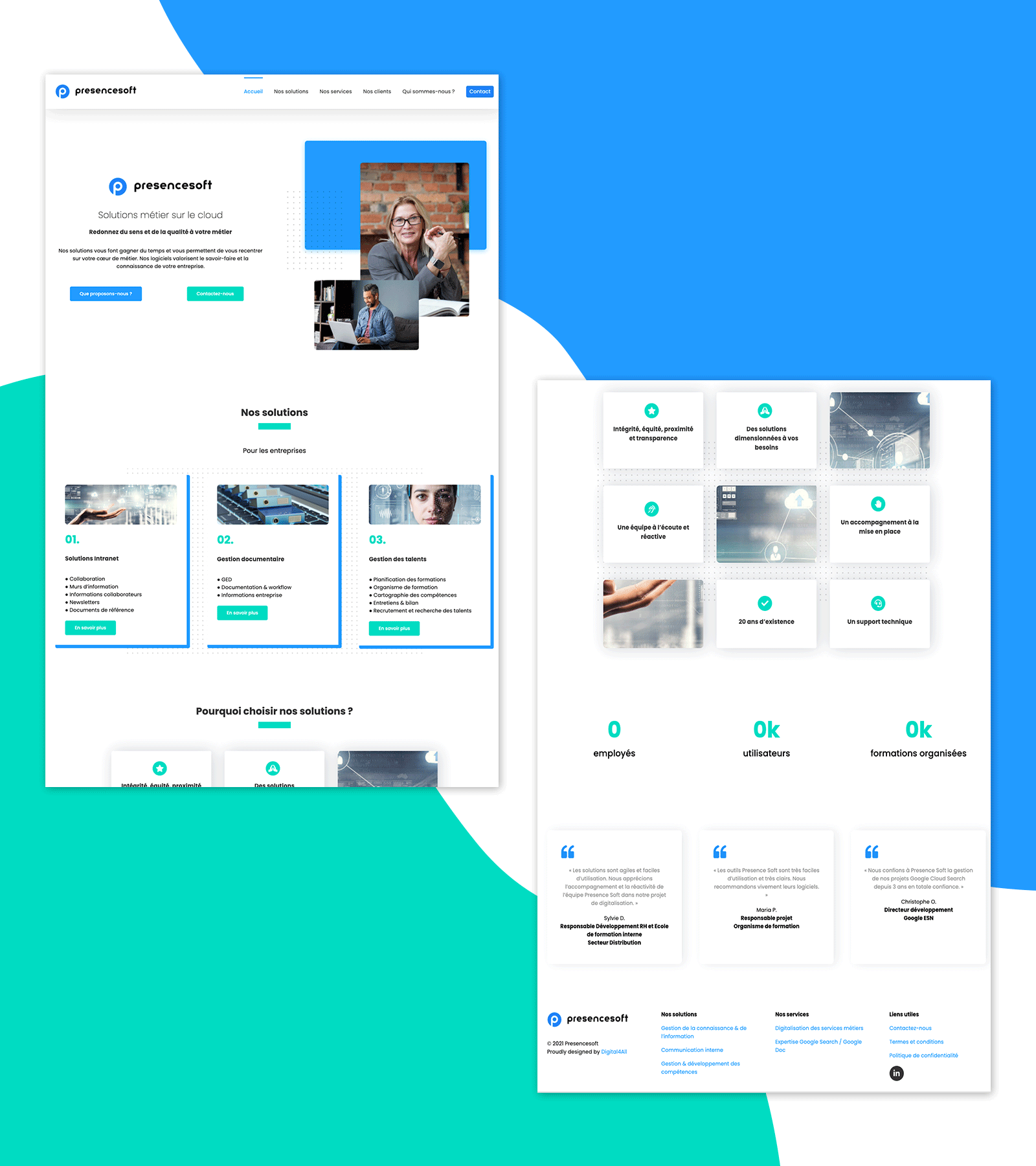 Présentation de la page d'accueil du site Presence Soft