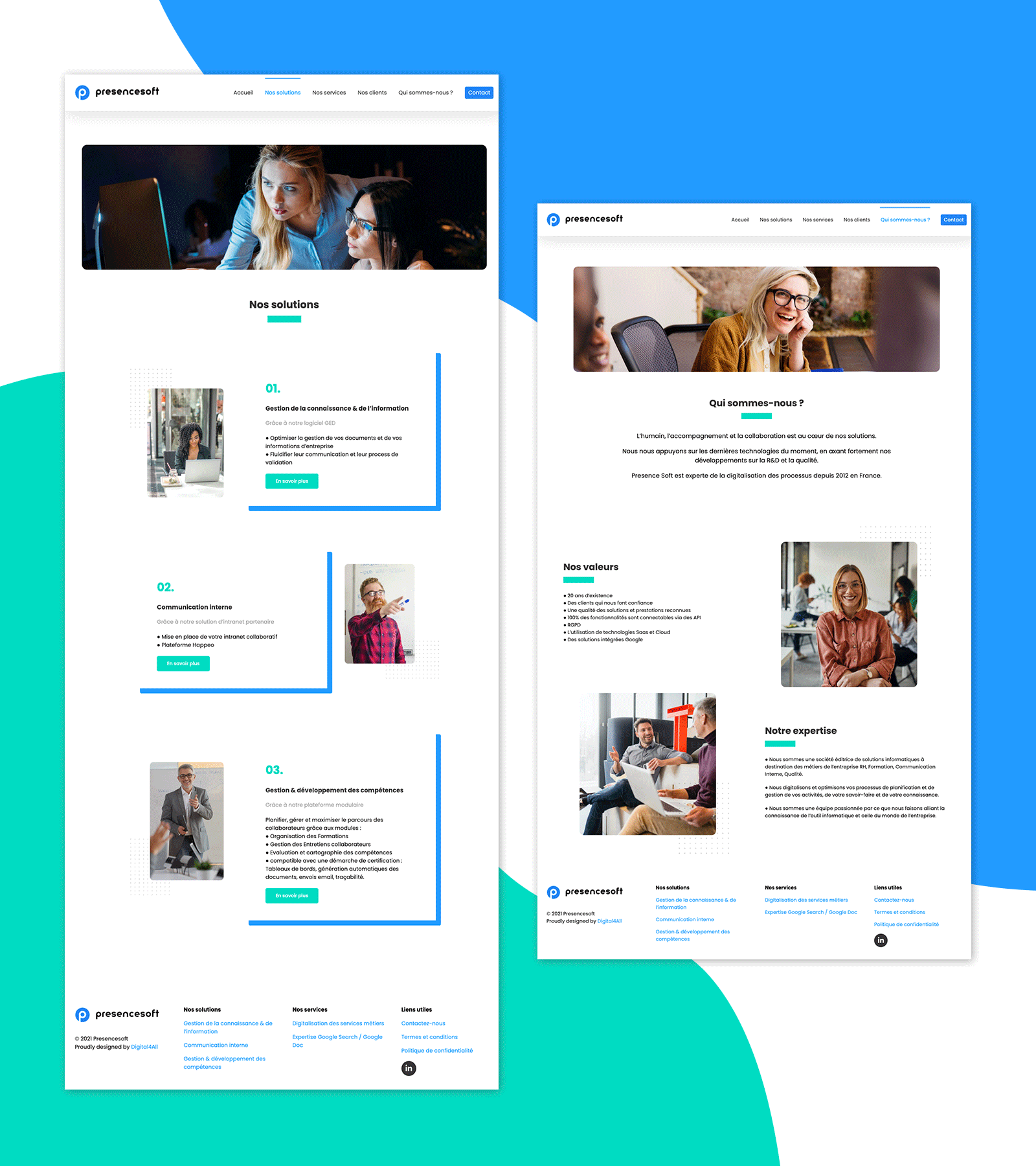 Présentation des pages "Nos solutions" et "Qui sommes-nous ?" du site Presence Soft