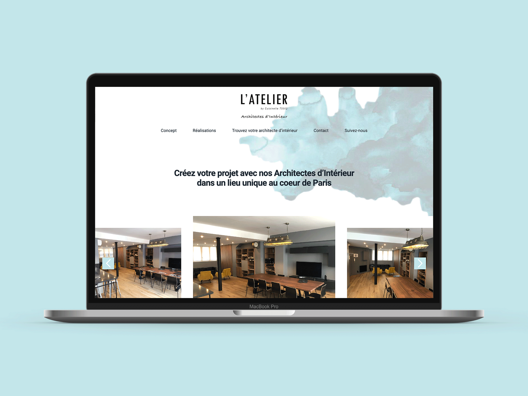 Page d'accueil du site internet L'Atelier by Cuisinella Paris 02