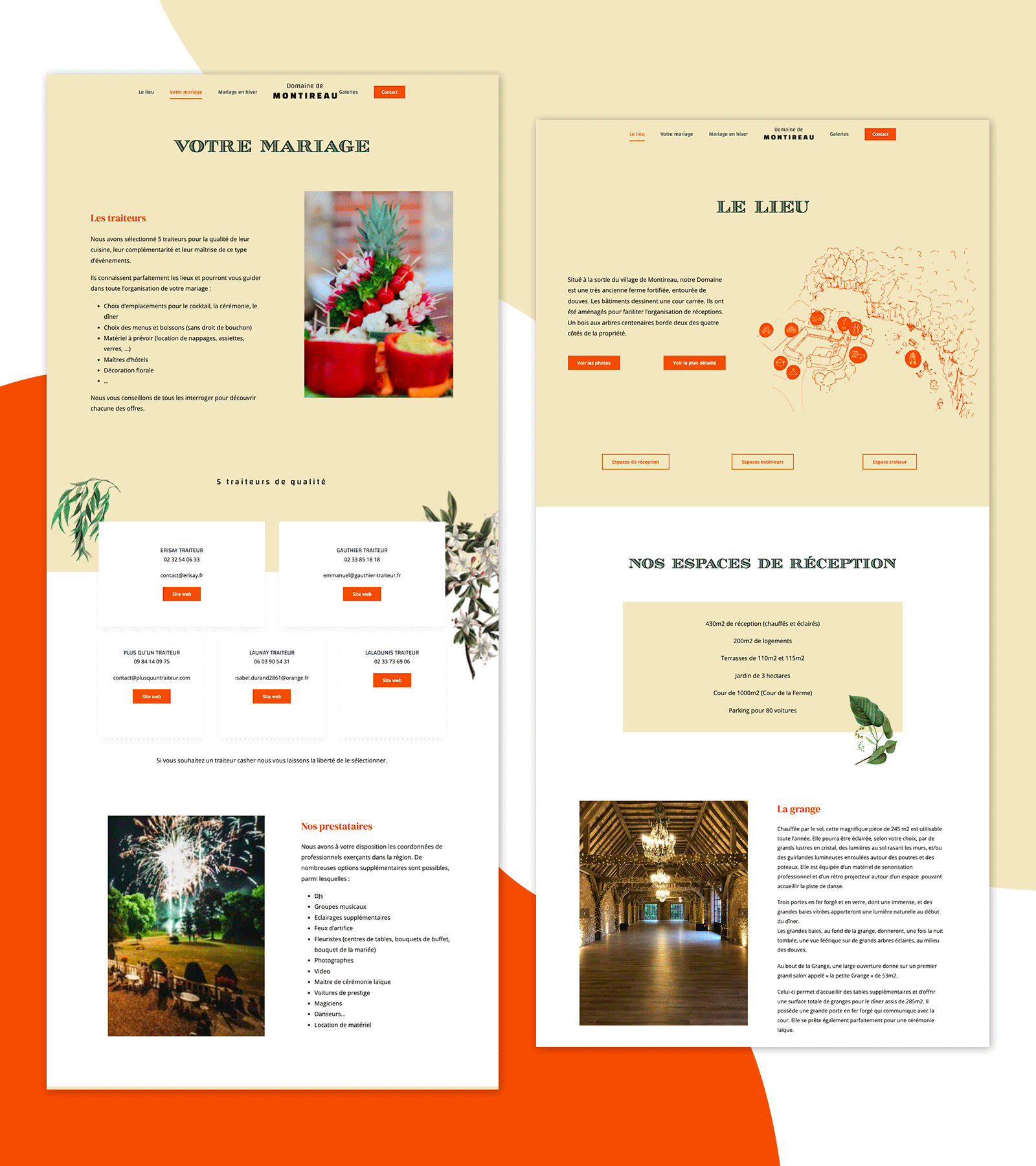 Présentation des pages "Votre mariage" et "Le lieu" du site Domaine de Montireau